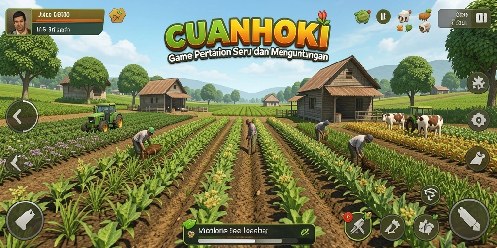 Tampilan gameplay CUANHOKI yang menarik dan penuh warna saat bercocok tanam.