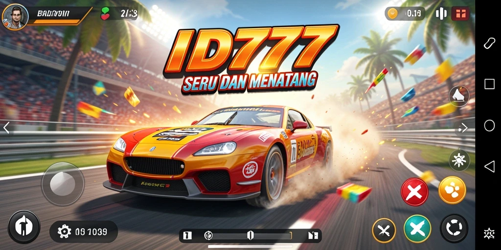 Tampilan gameplay seru ID777 di trek balap yang menegangkan.