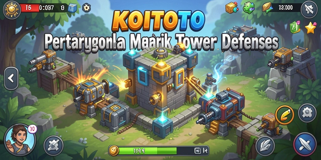 Screenshot KOITOTO menampilkan menara dan musuh dalam pertempuran Tower Defense.